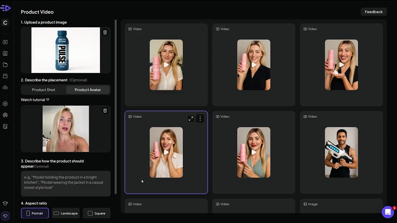 Uploading product images and choosing an avatar in Creatify