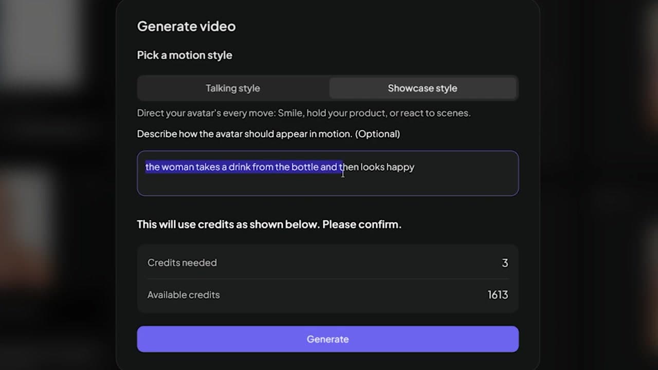 Prompting a video generation to make the model take a drink