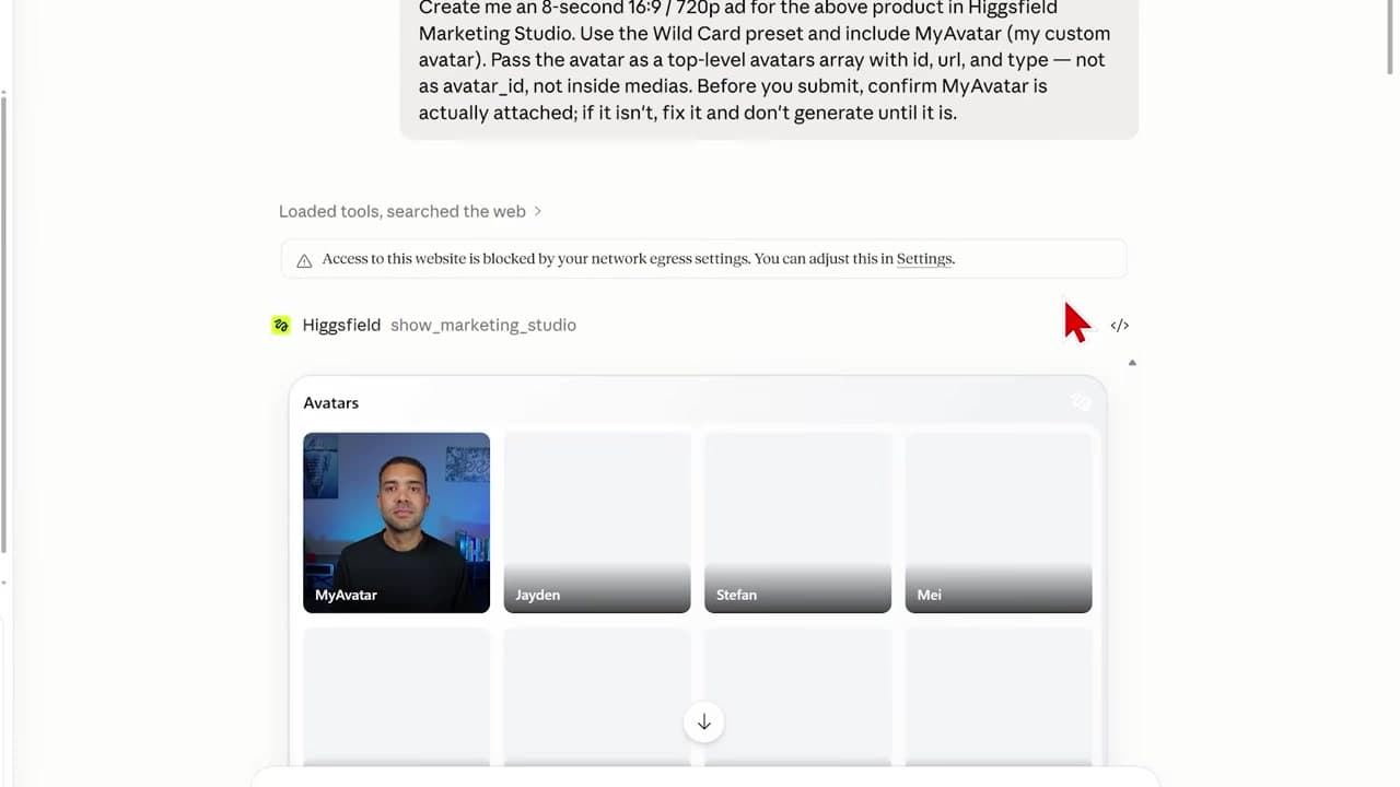 Claude prompt using Higgsfield Marketing Studio parameters