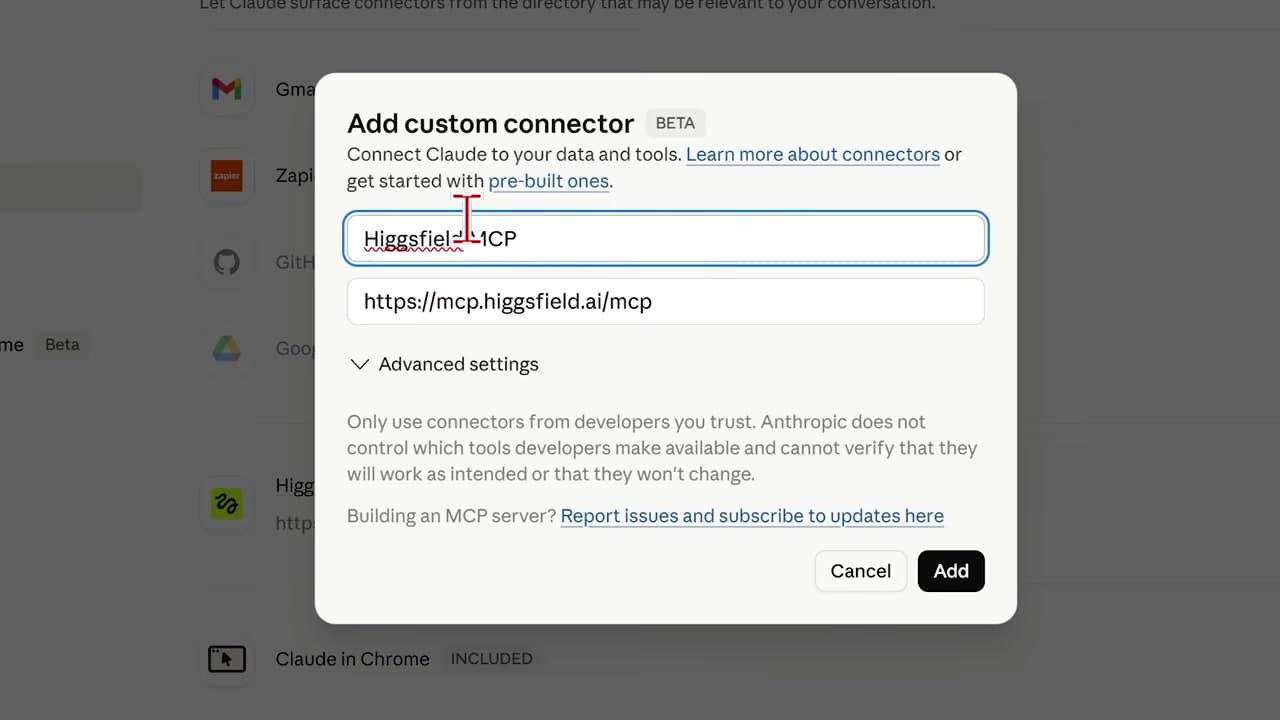 Claude custom connectors settings